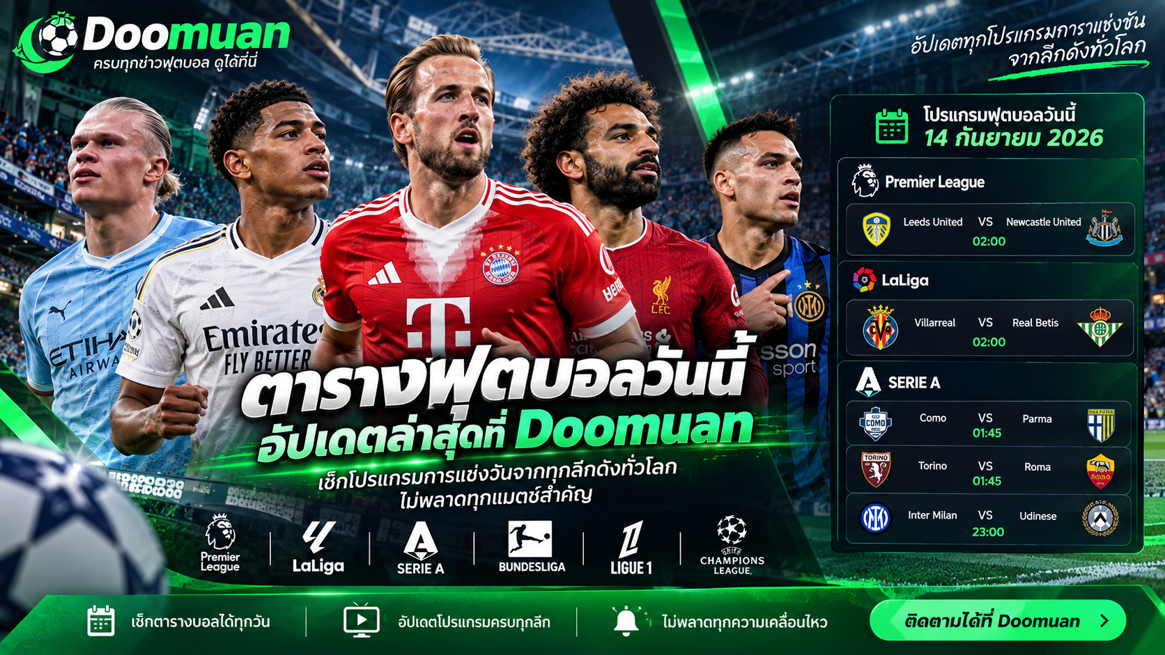 Doomuan อัปเดตตารางฟุตบอลวันนี้ โปรแกรมการแข่งขันล่าสุดจากลีกดัง