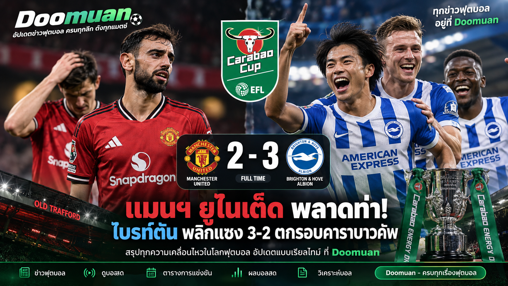 Doomuan ข่าวฟุตบอลล่าสุด แมนเชสเตอร์ ยูไนเต็ด พลาดท่าพ่ายไบรท์ตัน 2-3 ตกรอบคาราบาวคัพ
