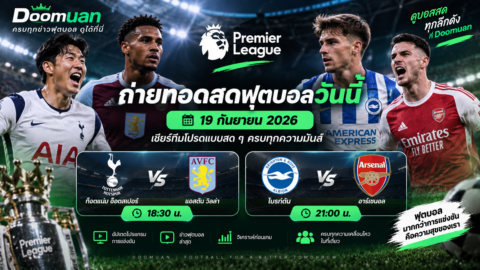 Doomuan: ถ่ายทอดสดฟุตบอลวันนี้ 19 กันยายน 2026 โปรแกรมพรีเมียร์ลีกที่น่าติดตาม