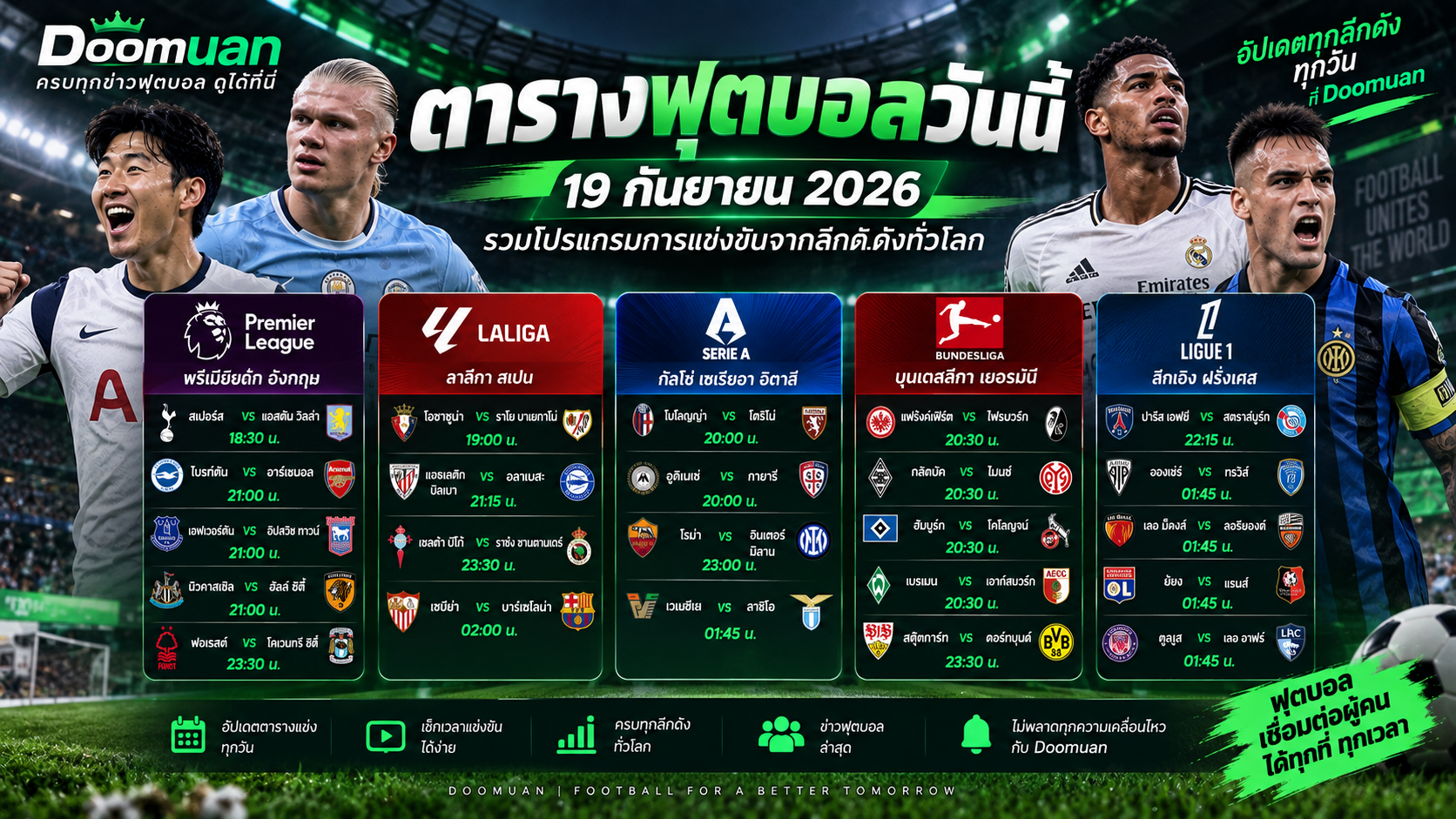 Doomuan : ตารางฟุตบอลวันนี้ 19 กันยายน 2026 รวมโปรแกรมลีกดังทั่วโลก