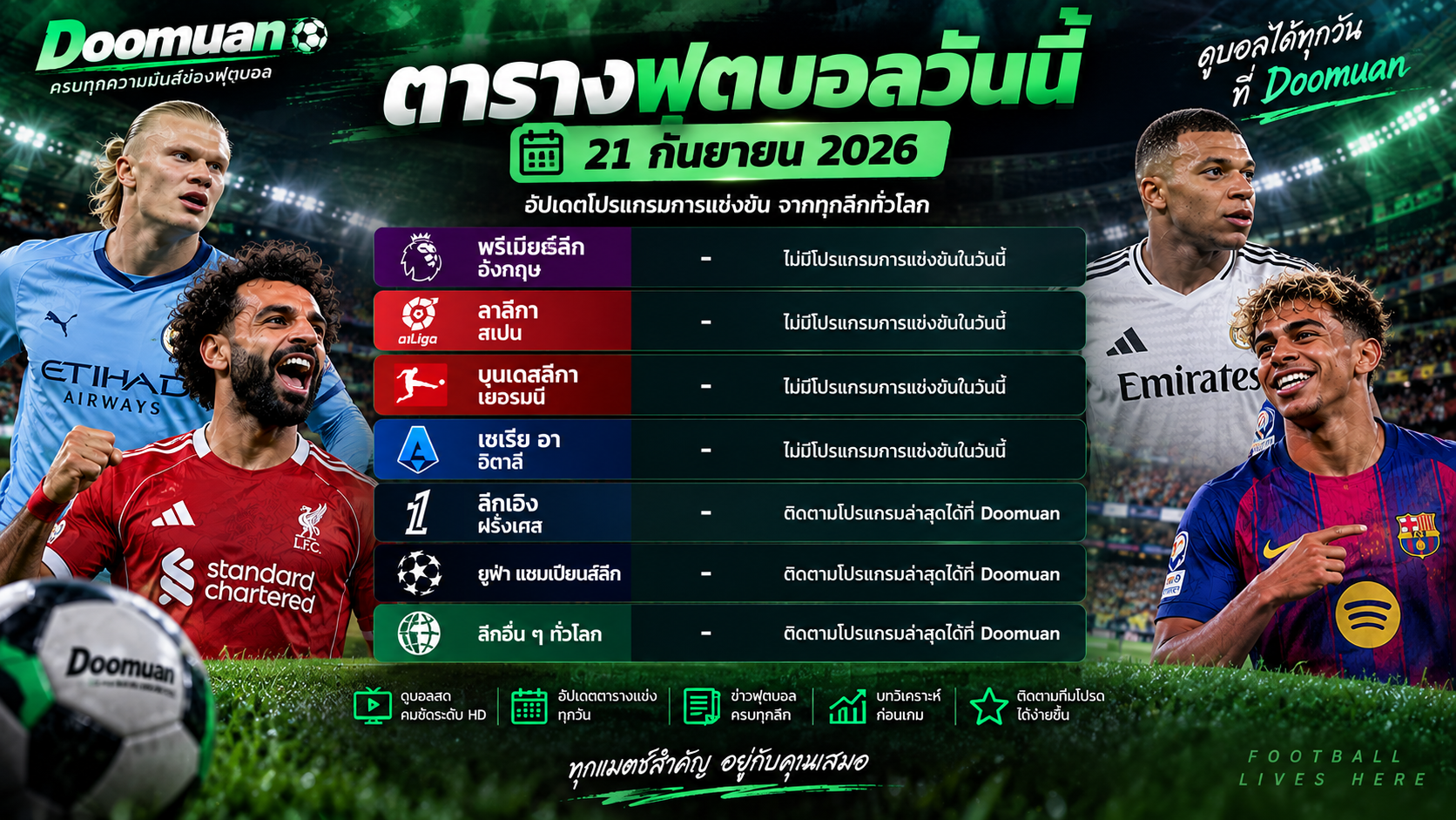 Doomuan ตารางฟุตบอลวันนี้ 21 กันยายน 2026 อัปเดตโปรแกรมการแข่งขันล่าสุด