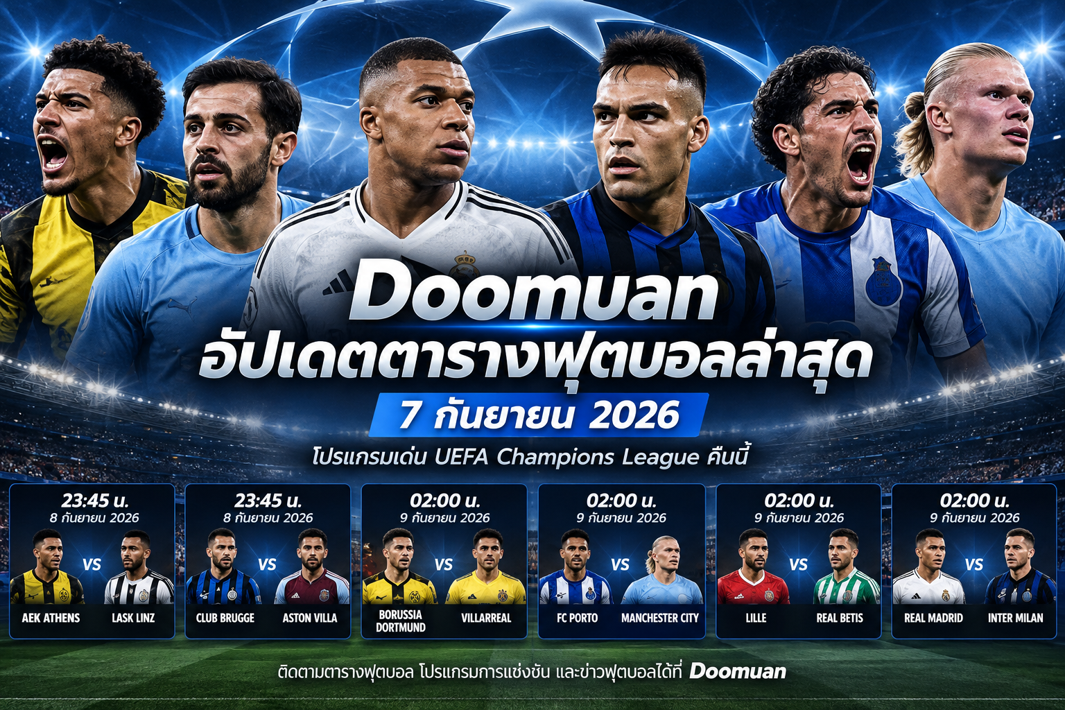 Doomuan: อัปเดตตารางฟุตบอลล่าสุด 7 กันยายน 2026 โปรแกรมเด่น UEFA Champions League