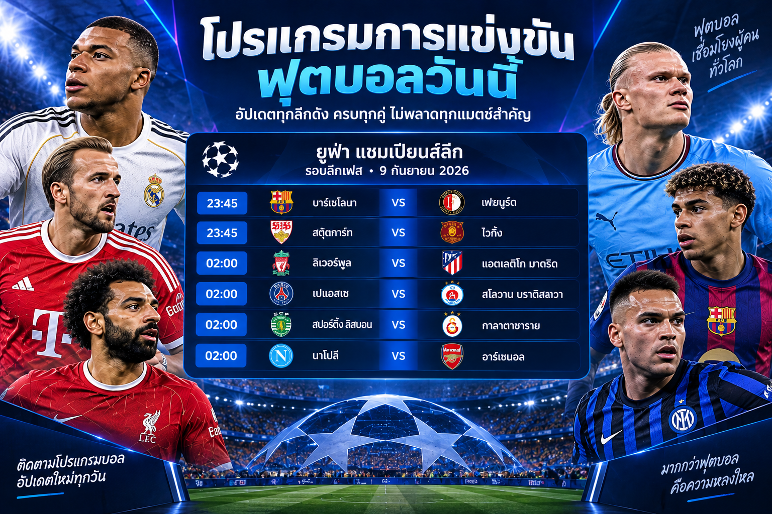 Doomuan: อัปเดตตารางฟุตบอล 9 กันยายน 2026 โปรแกรมเด่นแชมเปียนส์ลีกและเกมใหญ่สุดสัปดาห์